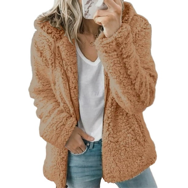 Eoeth Womens Fuzzy Fleece Coat Pockets Camouflage Zipper Hooded Jackets Outerwear Tunic Cardigan Overcoat Warm Winter